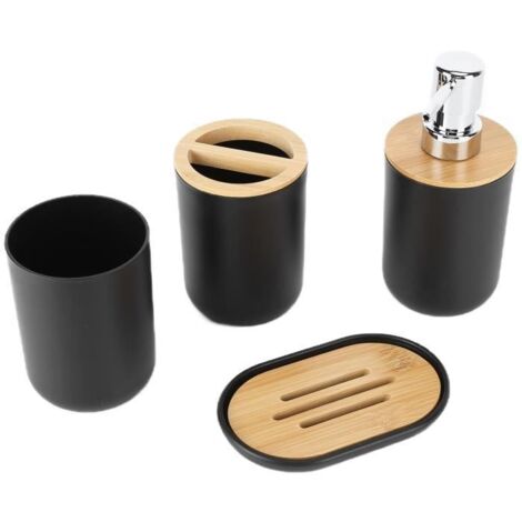 Ensemble de 4 accessoires de salle de bain SALUTUYA en bambou étanche noir. (1/4)