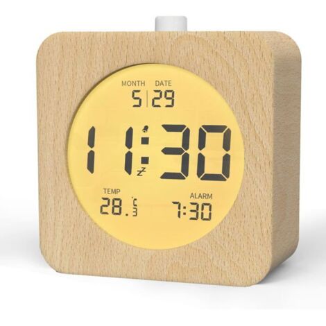 Réveil numérique en bois clair, avec écran LCD, fonction répétition, veilleuse, fonctionne uniquement sur piles. (1/5)