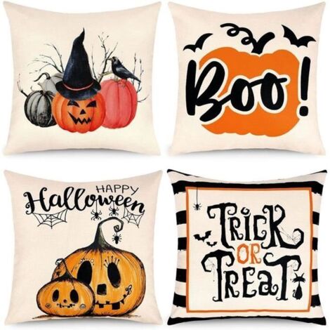 Housse de coussin Halloween - Citrouille - 4 pièces - 45x45cm - Coton et lin (1/4)