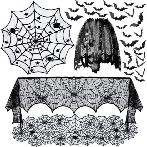 5 pièces d'ensemble de décoration Halloween, VIPITH Toile d'araignée, chauve-souris effrayante, dentelle, filets de cheminée, abat-j (1/4)