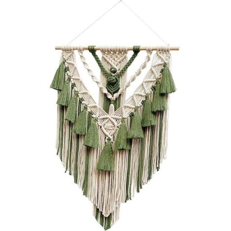 Tenture murale boho en macramé, faite main avec glands, en polyester blanc et vert. (1/4)