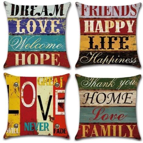 Taie d'oreiller, lot de 4 en coton et lin style rétro. Housse de coussin carré 45 x 45 cm pour lit, canapé ou voiture. (1/4)