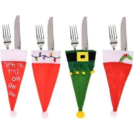 Porte-couverts de Noël - 8 pièces - Chiffon - Rouge et Vert - Décoration de table (1/4)