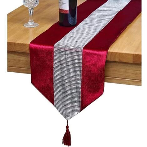 Chemin de table 32x180cm, à bande diamantée et pompons - rouge vin (1/4)
