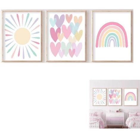 Affiches murales - Cœur Arc-en-Ciel - Lot de 3 - 30x40cm - Décoration pour chambre d'enfant - Style Boho (1/4)