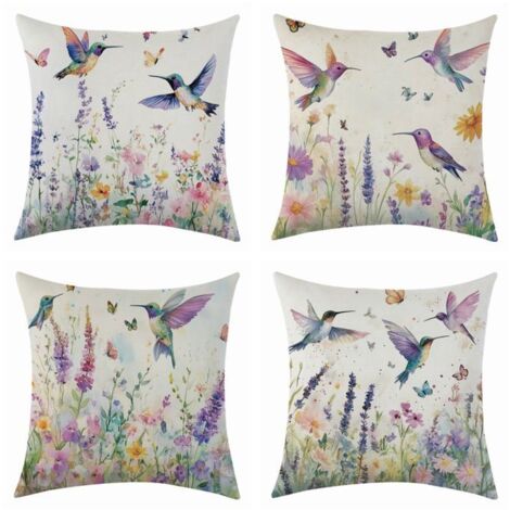 Housse de coussin décorative 45x45 cm, motif fleurs et oiseaux, en polyester-lin pour salon. (1/5)