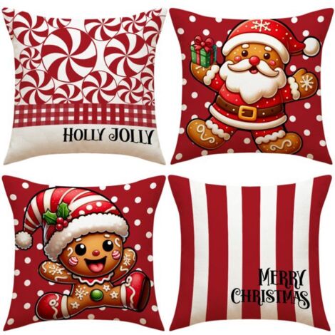 4 housses de coussin de Noël 45x45cm pour canapé, motif dessin animé simple et polyvalent, décoration de chambre festive. (1/5)