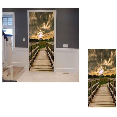 Autocollant de Porte 3D - Coucher de Soleil sur Pont en Bois, Papier Peint Mural Artistique (1/5)