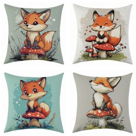 Housse de coussin 45x45 cm Renard Champignon, décor pour canapé, jardin, chambre d'enfant ou crèche. (1/5)