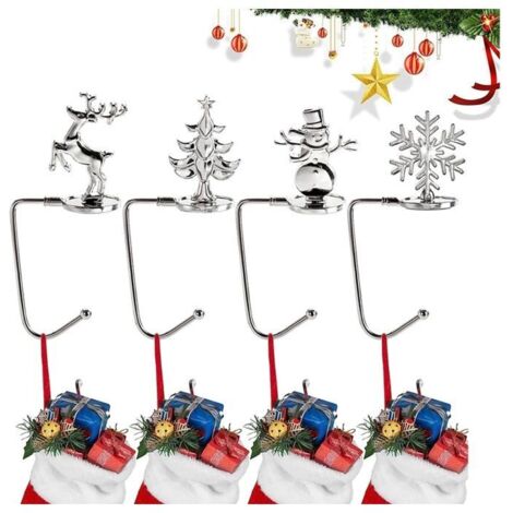 Set de 4 crochets de Noël en métal, support mural pour sacs ou cheminée, idéal pour les décorations festives, couleur argent. (1/5)