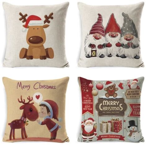 4 housses de coussin 45x45cm en coton lin imprimé Wapiti, motif Père Noël et neige, pour lit, canapé, voiture ou maison. (1/4)