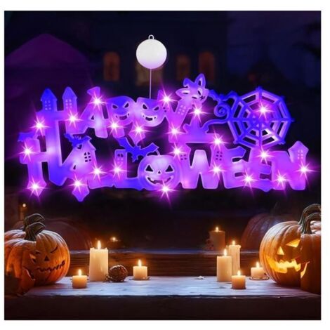 Décorations d'Halloween pour fenêtres intérieures : lumières orange citrouille, maison hantée verte, chapeau violet. (1/5)