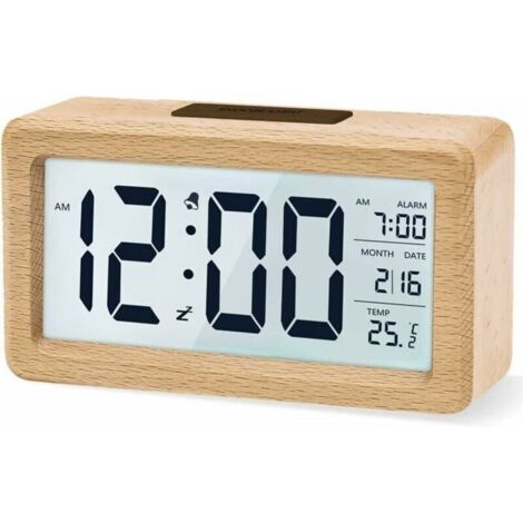 Horloge numérique en bois avec écran LCD, capteur de luminosité et de température, 3 piles AAA non incluses. (1/4)
