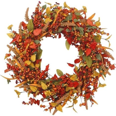 Couronne d'automne - Décorative - 45x45x7cm - Soie et Plastique - Pour extérieur - Couleurs mélangées Orange, Jaune, Rouge (1/4)