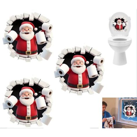 STICKERS DE NOËL Stickers Muraux Père Noël, Stickers 3D Effet Casse-Mur, Pour Siège de Toilette et Réfrigérateur, Lot de 3 Pièces (1/5)