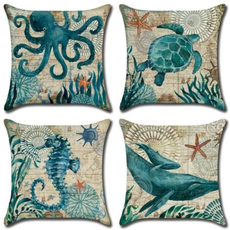 4 housses de coussin 45x45cm en lin-coton imprimé océan, motifs pieuvre, baleine, tortue, pour lit, canapé, voiture ou maison. (1/4)