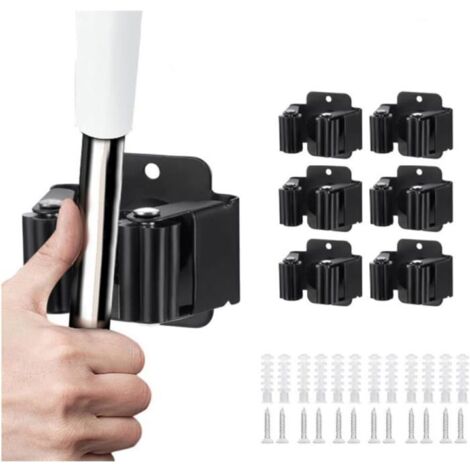 Lot de 6 supports muraux pour serpillière avec vis inox, idéal pour salle de bain et cuisine (noir). (1/5)