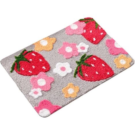 Tapis de bain antidérapant en microfibre douce, motif fraise, lavable en machine. (1/5)