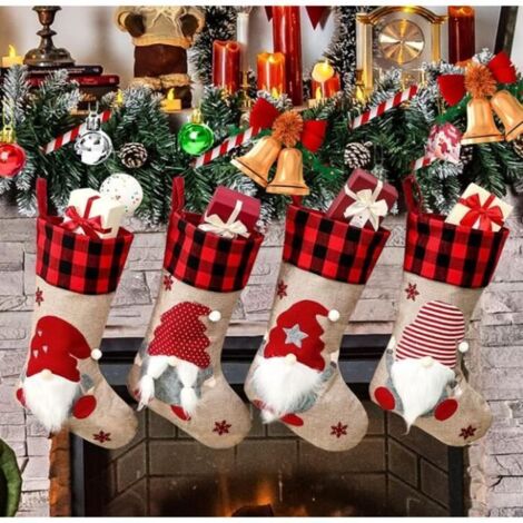 Chaussettes de Noël - 4 pièces - Rouge - Tissu, Laine, Jute - 46x21cm (1/4)
