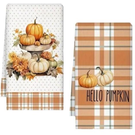Lot de 2 torchons d'automne à motifs feuilles d'érable et citrouilles pour la cuisine (40x60 cm) - Orange (1/5)
