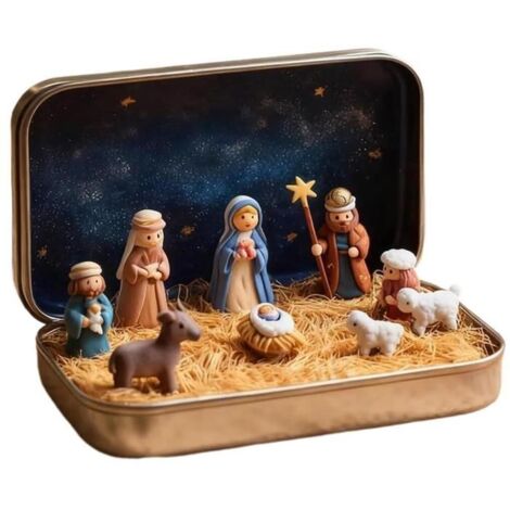 Mini crèche de Noël en boîte métallique, figurine de Jésus en résine 3D artisanale, décoration d'intérieur pour Noël. (1/5)