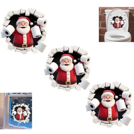 STICKERS DE NOËL Stickers Muraux Père Noël, Stickers Noël 3D Effet Casse-Mur, Pour Siège de Toilette et Réfrigérateur, 3 Pièces (1/5)