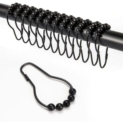 Crochets de rideau de douche 12 pièces en acier inoxydable, système coulissant à anneaux, pour tringle de salle de bain noire. (1/4)