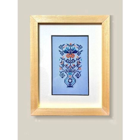 Tableau brodé décoratif - Broderie chinoise traditionnelle faite main - Fleurs rouges sur fond bleu avec cadre en bois massif 27x34 (1/4)