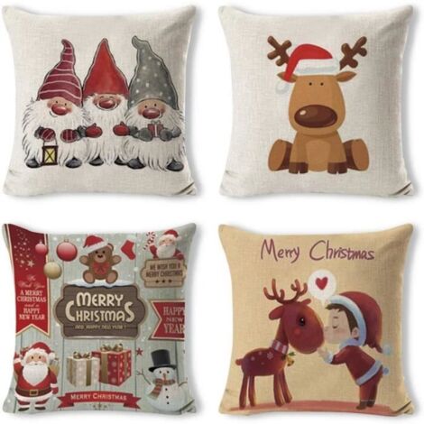 4 taies d'oreiller Père Noël en lin-coton décoratives pour canapé, 45x45 cm (1/4)