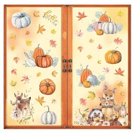 Autocollants de Décoration d'Automne et Thanksgiving pour Fenêtres - Feuilles d'Érable, Maison et Fête (1/5)