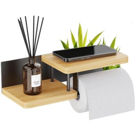 Support Mural pour Papier Toilette - en Bois ou Métal, avec ou sans Perçage - Distributeur de Rouleau WC en Bambou Noir