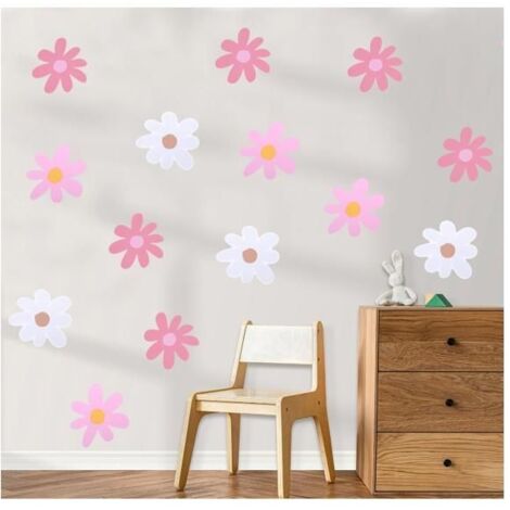 Lot de 6 feuilles d'autocollants muraux motif marguerites pour chambre d'enfant, chambre ou salle de classe (rose et blanc) (1/5)
