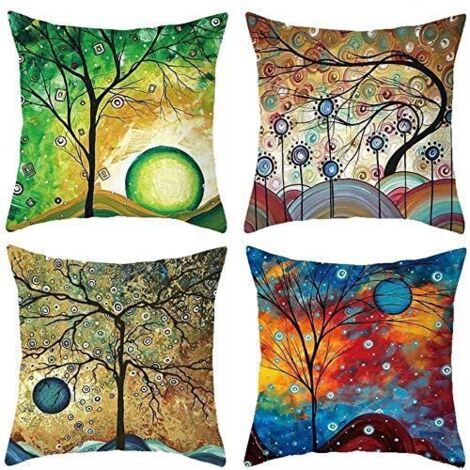 Lot de 4 housses de coussin 45x45 cm en coton et lin, motif arbre coloré, pour décoration de maison ou canapé.