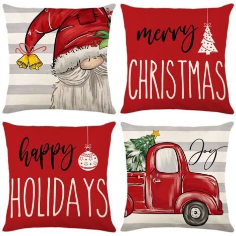 Housse de Coussin Noël - 4 Pièces - 45x45cm - 100% Coton Lin - Blanc - Motifs de Noël (1/4)