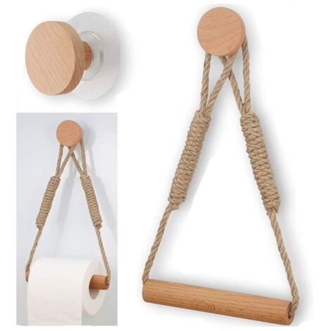 Porte-Rouleau de Toilette Auto-Adhésif en Bois et Corde de Chanvre – Sans Perçage, Style Rustique Multicolore (1/4)