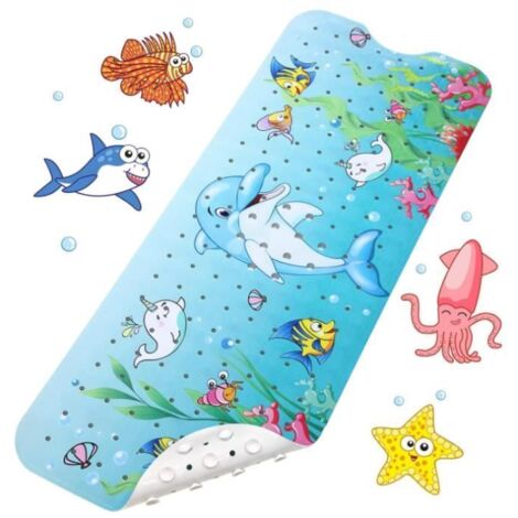 Tapis de bain antidérapant pour enfants, 100x40cm, avec 200 ventouses, sans BPA, motif dauphin. (1/4)