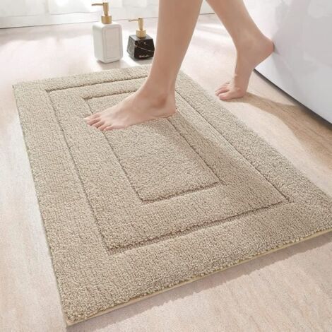 Tapis de bain antidérapant en microfibre douce, absorbant et lavable en machine. Dimensions : 50x80 cm, couleur beige. (1/4)