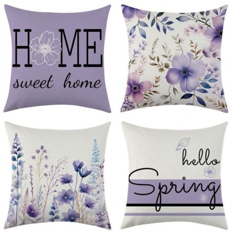 Lot de 4 Housses de Coussin Décoratives en Lin Lavande, Motif Floral, pour Canapé, Jardin ou Patio (1/5)