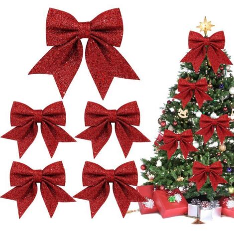 Nœuds de Noël pailletés MICH - Lot de 5 - Rouge - Grand : 21x24 cm - Moyen : 17x18 cm - Matériau EPE (1/5)