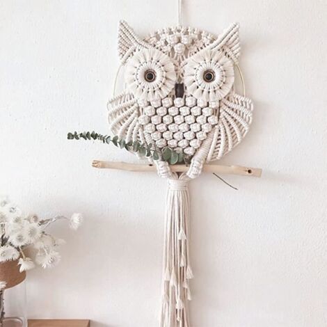 Tenture murale Hibou - Tapisserie boho 30x80cm - Décoration d'intérieur blanche (1/4)