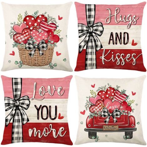 Lot de 4 housses de coussin en lin décoratives pour canapé, idéales pour Saint-Valentin, mariage ou anniversaire de mariage, 45 x 45 (1/5)