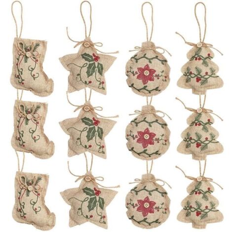 Décoration de Sapin en Jute - 12 pièces - Boules et Étoiles - Rouge et Vert - 12 cm (1/4)