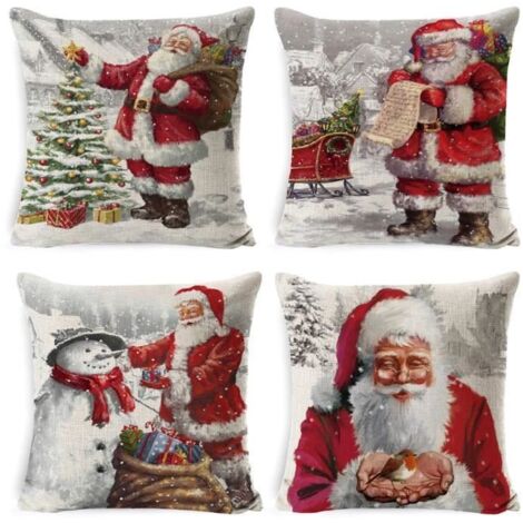 4 housses de coussin en lin-coton 45x45cm, motif Noël mignon et animé. (1/4)