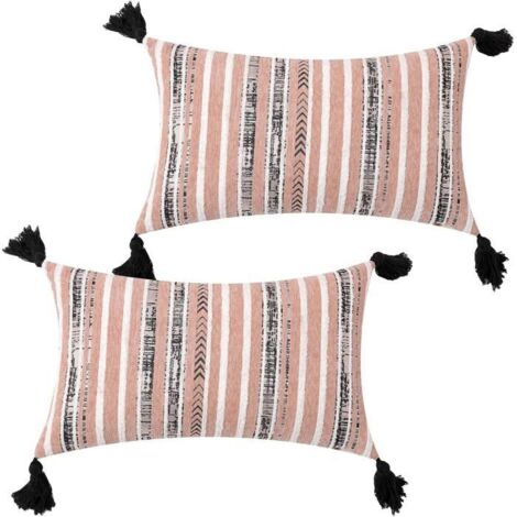 Lot de 2 housses de coussin rectangulaires 30 × 50 cm en jacquard rayé rose pour canapé ou chambre. (1/3)