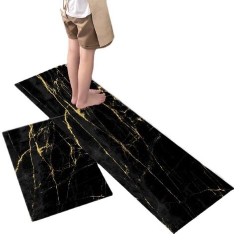 Tapis de cuisine antidérapant - 2 pièces 40x60 cm et 40x120 cm Noir Or - Lavable en machine, idéal pour la salle de bain. (1/4)