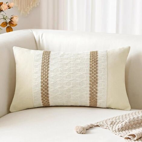 Housse de coussin lombaire bohème 30x50cm en coton et toile de jute texturée, rayures tissées style bohème, double rayure, 1