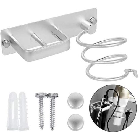 Porte-sèche-cheveux mural en aluminium avec support pour fer à lisser et range-câbles intégré. (1/4)