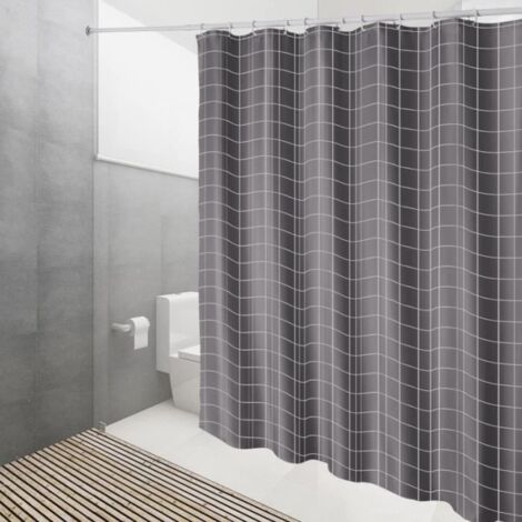 Rideau de douche à carreaux gris, séchage rapide, livré avec 12 crochets. (1/4)