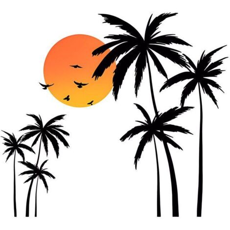 Autocollant mural grand palmier noir avec oiseaux tropicaux pour salon ou chambre. (1/4)