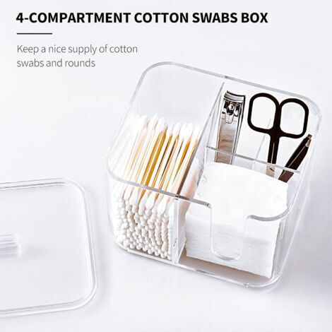 Organisateur 4 Compartiments YOHOM Boîte Rangement Coton - 4 Compartiments Transparent - Distributeur Boules Coton-tiges Rangement Cotons-tiges